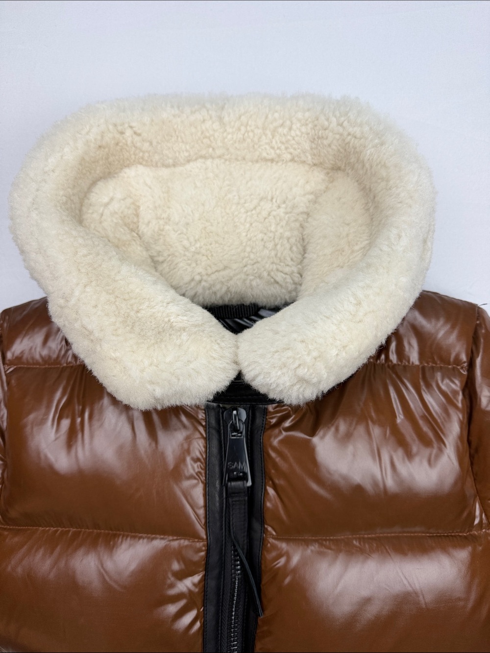 SAM. New York Veronica Shearling-Trimmed Down Biker Puffer Jacket in Cognac - Picture 5 of 16